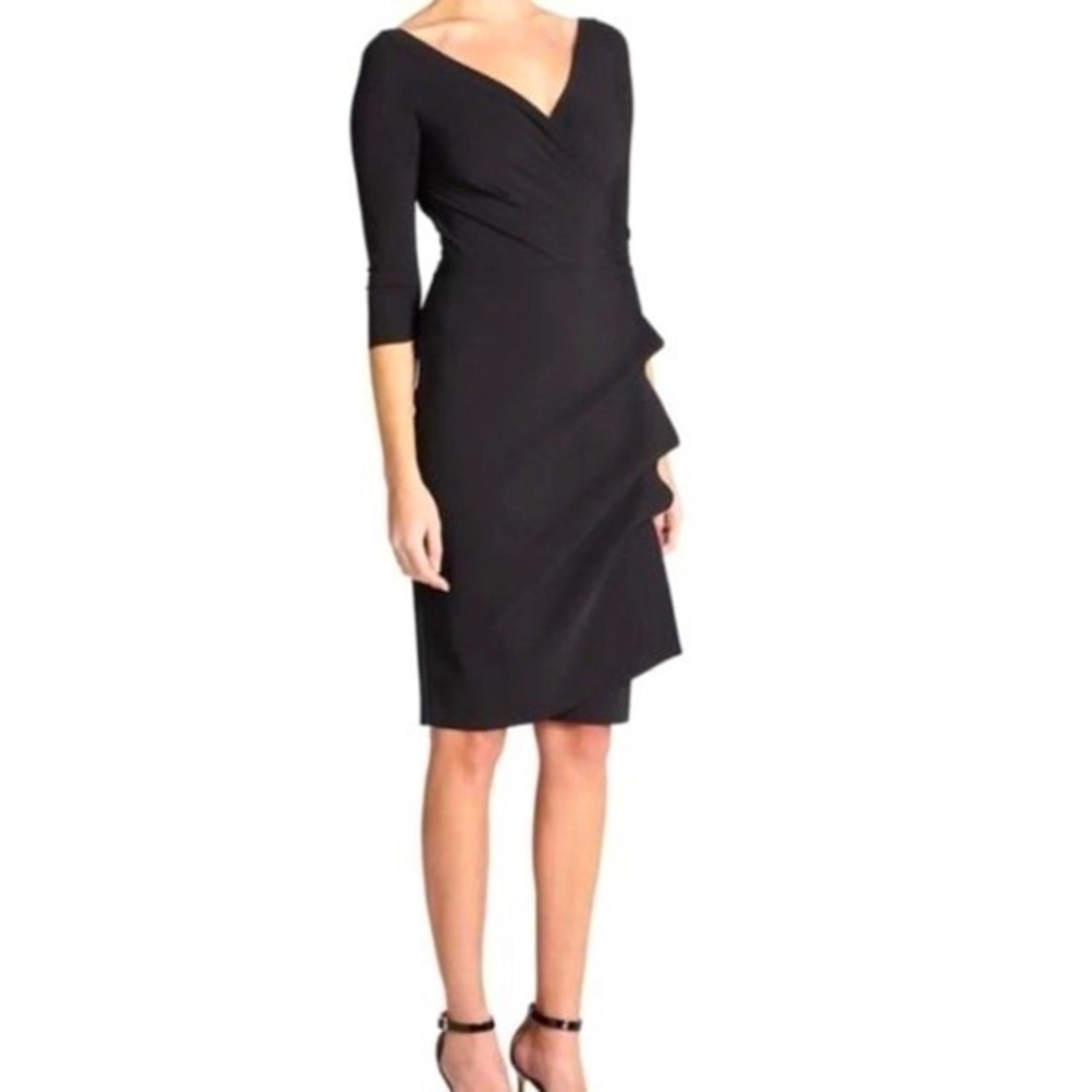 Chiara Boni La Petite Robe Black Ruched Side Ruffle V-Neck Sheath Dress Italy